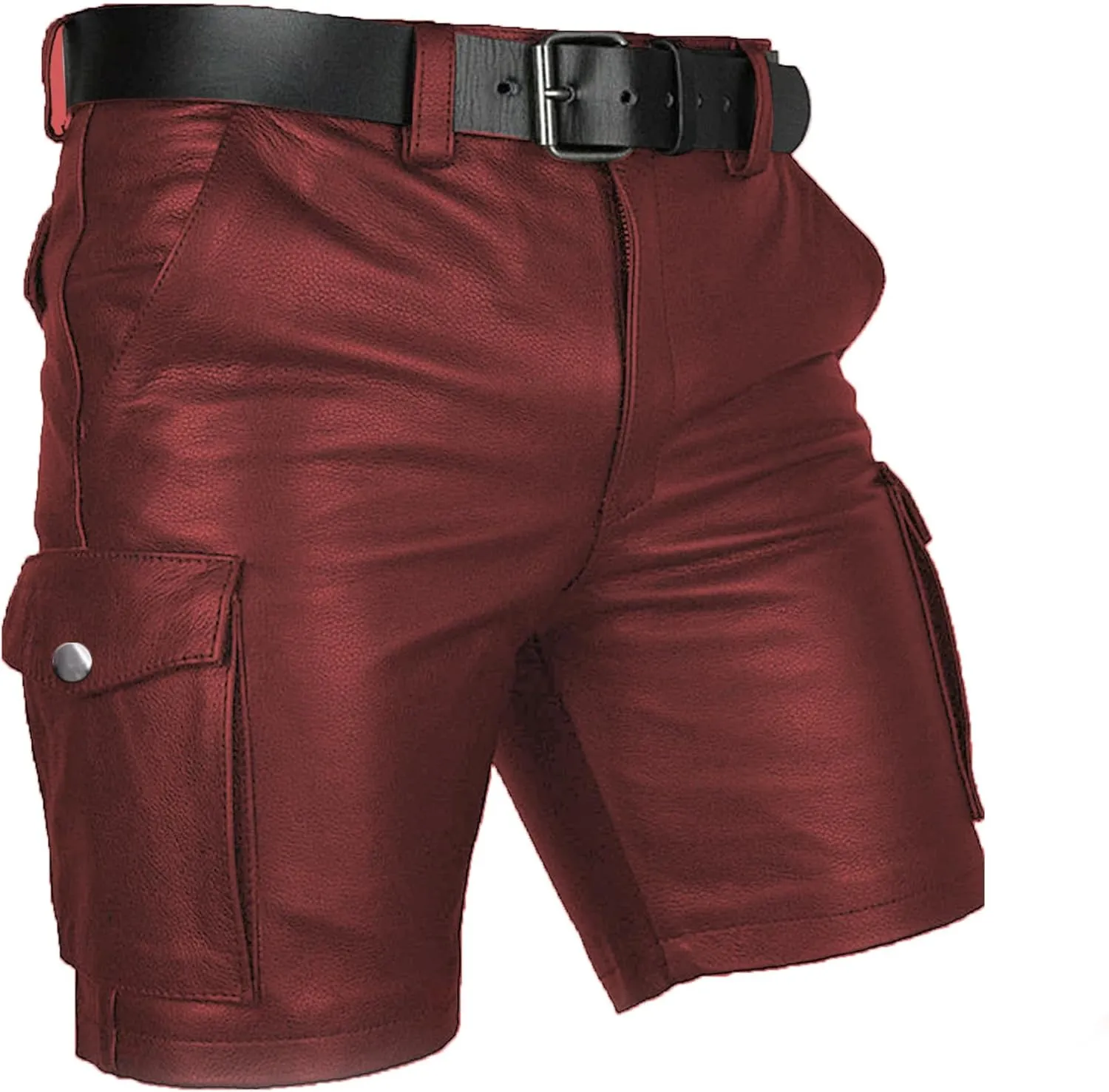 Men's Real Leather Belted Cargo Shorts Club Wear Shorts Casual Shorts with Pockets