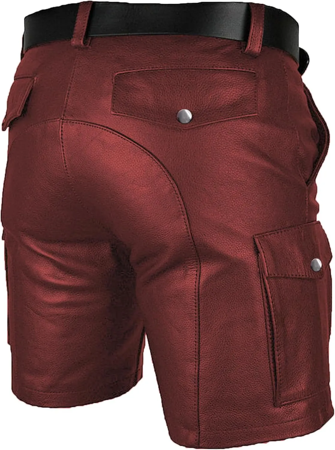 Men's Real Leather Belted Cargo Shorts Club Wear Shorts Casual Shorts with Pockets