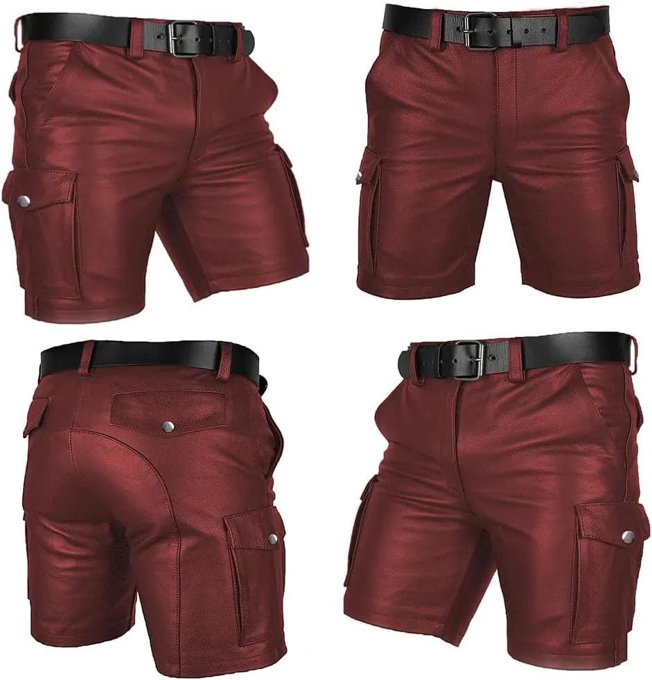 Men's Real Leather Belted Cargo Shorts Club Wear Shorts Casual Shorts with Pockets