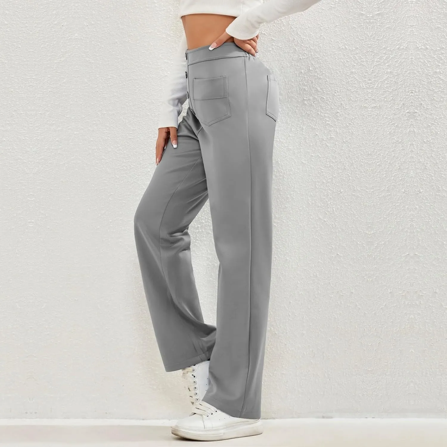 midelxp Casual Straight Leg Pants for Women High Waisted Button Stretchy Business Work Pants Trousers with Multiple Pockets