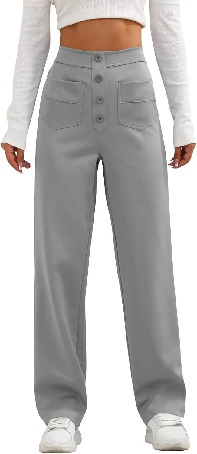 midelxp Casual Straight Leg Pants for Women High Waisted Button Stretchy Business Work Pants Trousers with Multiple Pockets