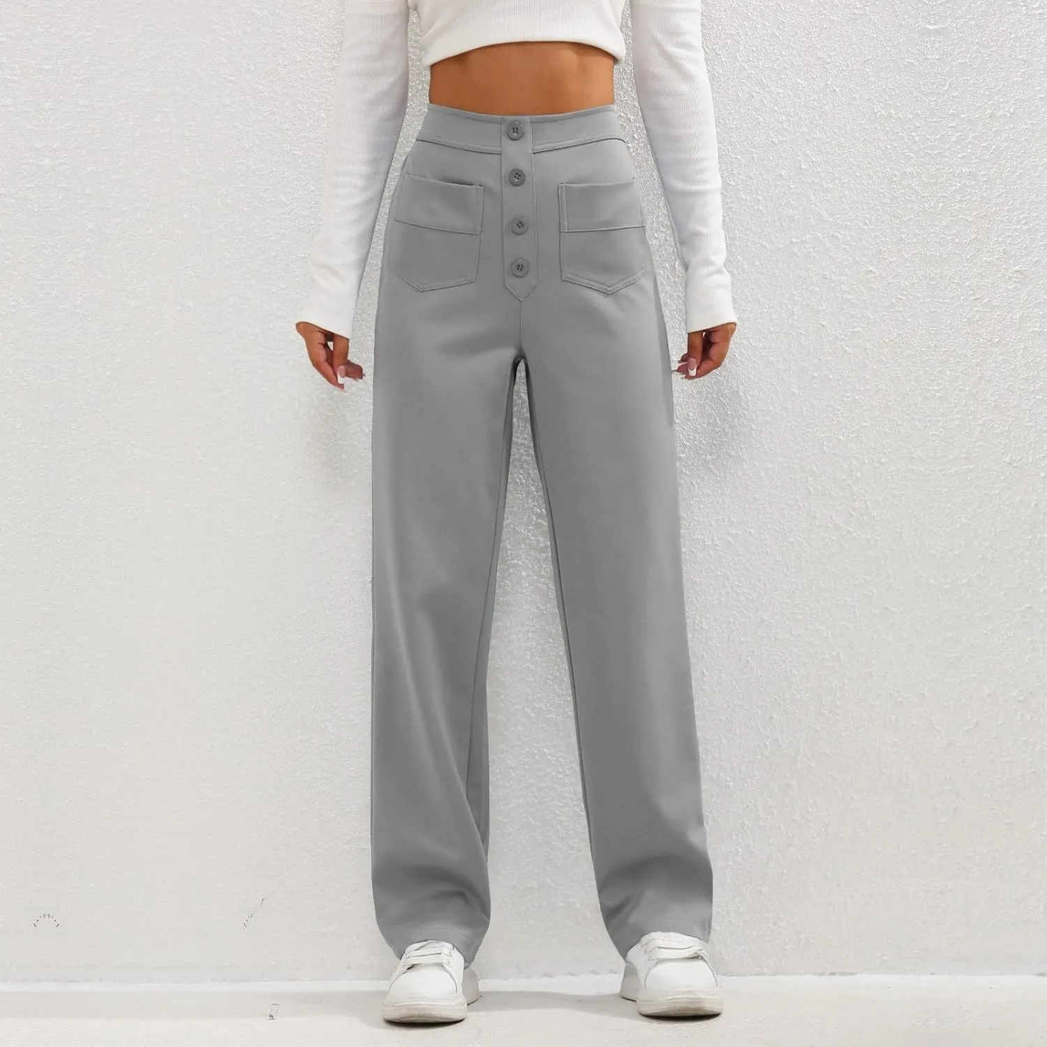 midelxp Casual Straight Leg Pants for Women High Waisted Button Stretchy Business Work Pants Trousers with Multiple Pockets