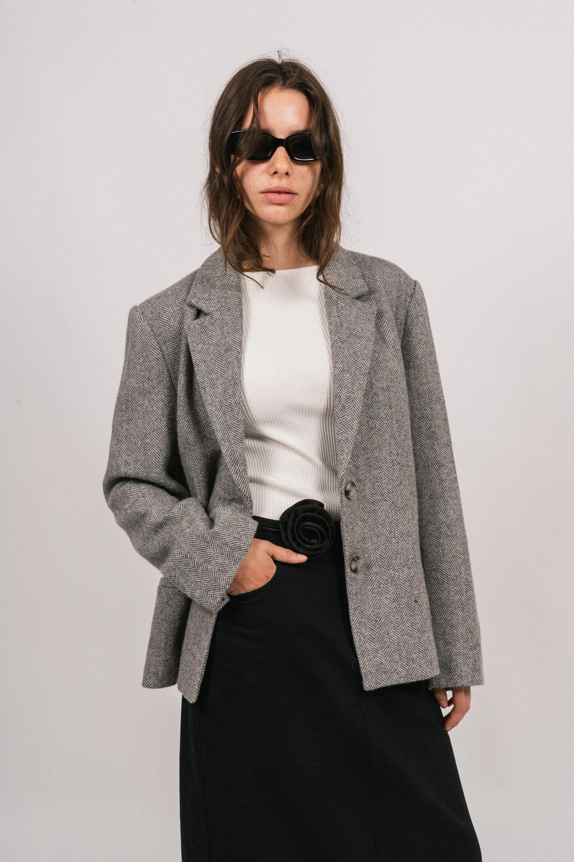 Mya Herringbone Blazer - Light Grey