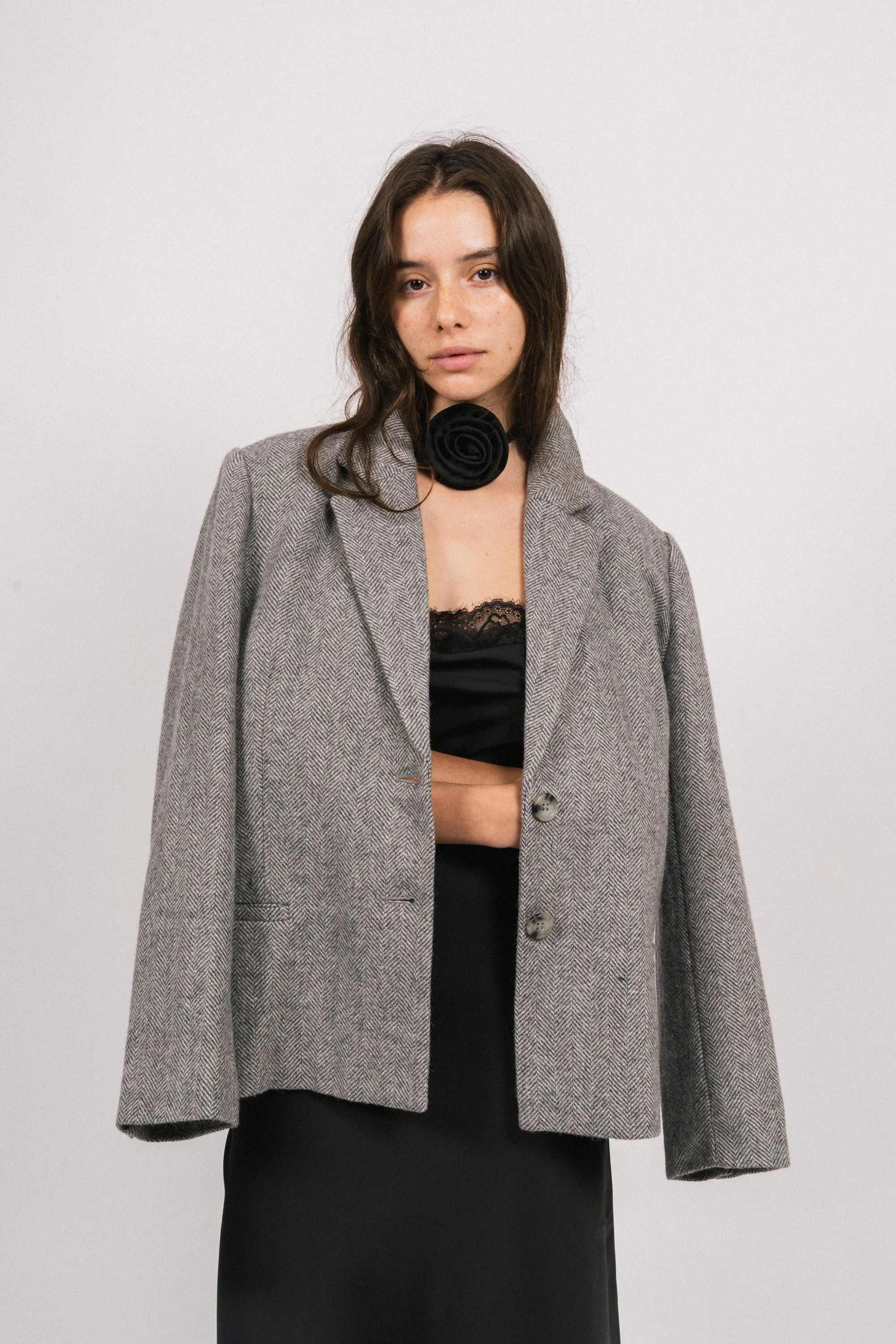 Mya Herringbone Blazer - Light Grey
