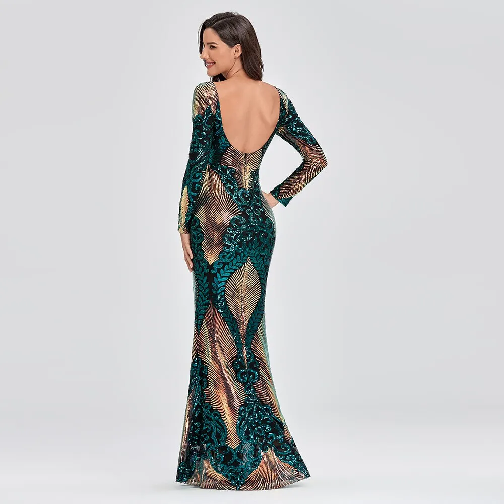 O-neck Long-Sleeve Shinning Sequins Evening Dresses Sexy Backlesss