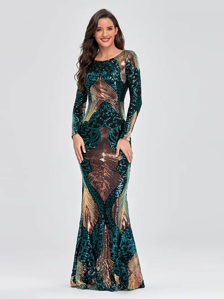 O-neck Long-Sleeve Shinning Sequins Evening Dresses Sexy Backlesss