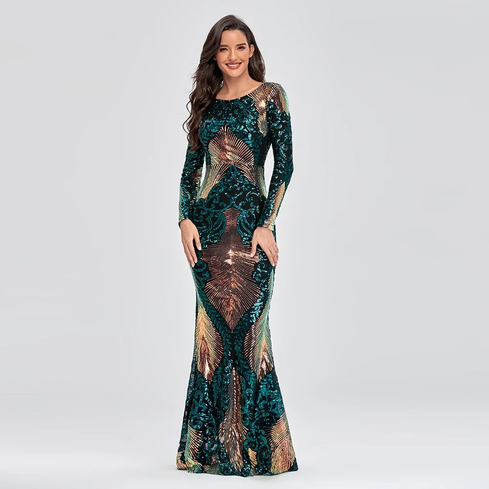 O-neck Long-Sleeve Shinning Sequins Evening Dresses Sexy Backlesss
