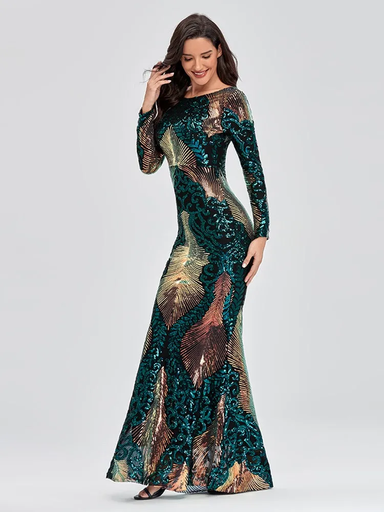 O-neck Long-Sleeve Shinning Sequins Evening Dresses Sexy Backlesss