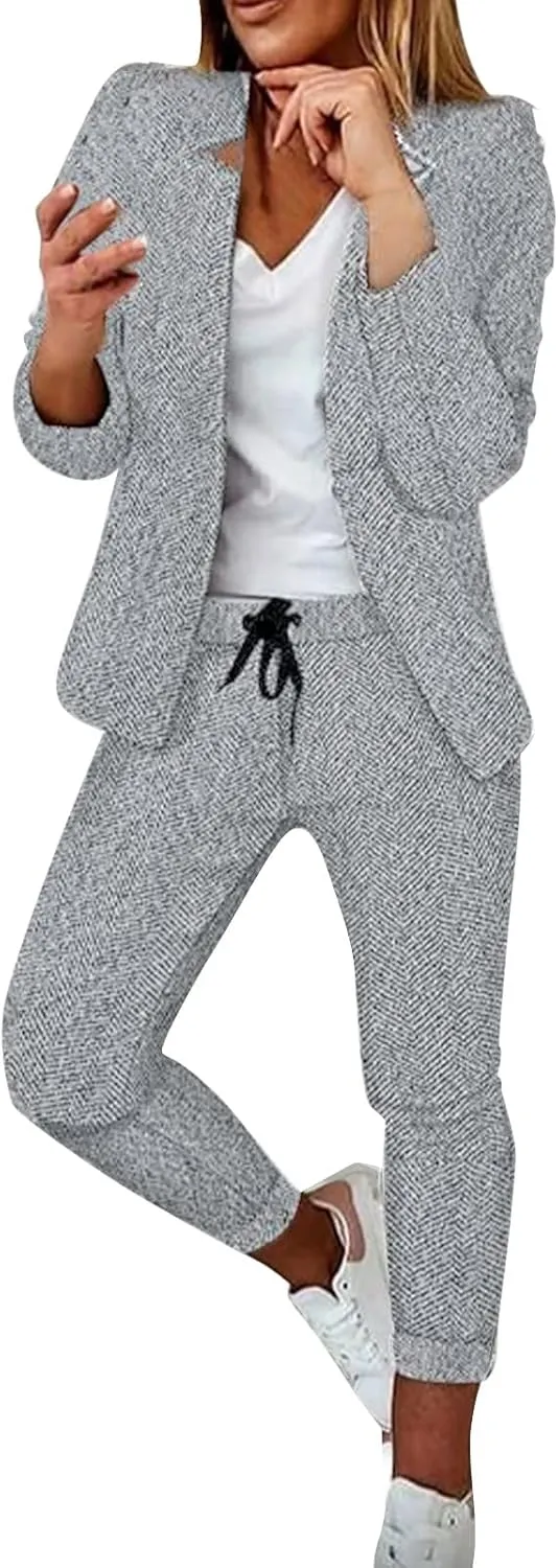 Pant Suits for Women Dressy Casual Plus Size Wedding Guest Slim Fit Pantsuits Long Sleeve Business Suits Two Piece Outfits Sets Black M
