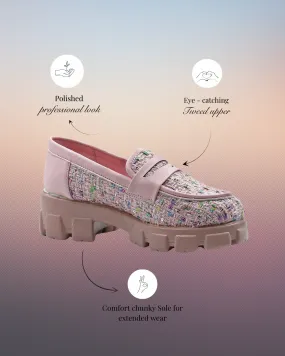 Pastel Pink Slip-On Tweed Loafers