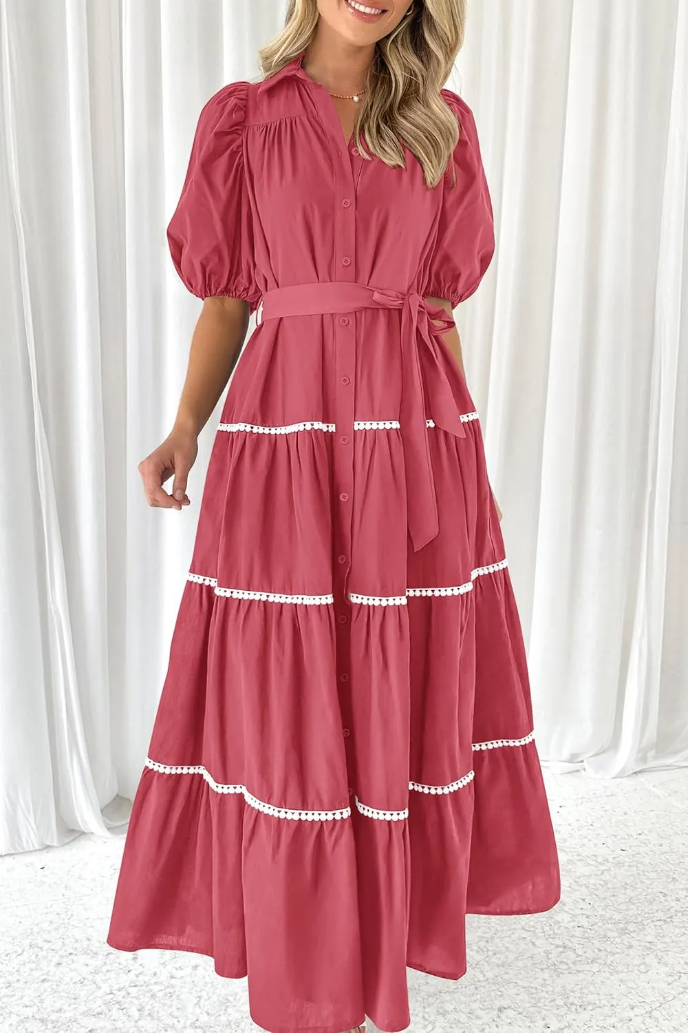 PRETTYGARDEN Women's Summer Button Down Shirt Dress Short Puffy Sleeve Tiered Ruffle Flowy Long Maxi Dresses