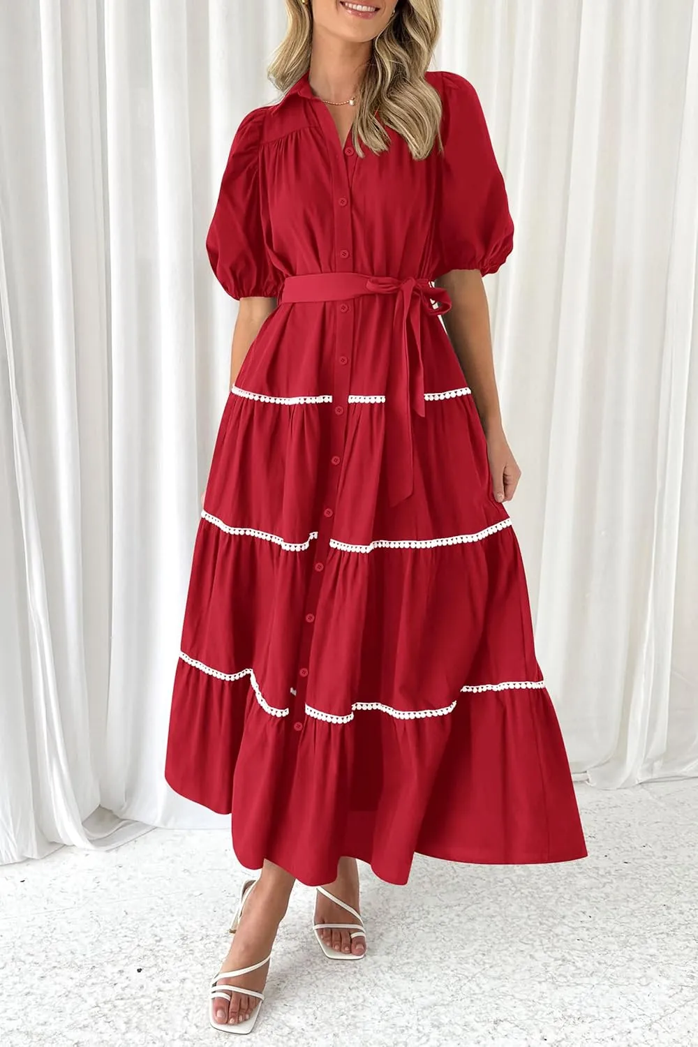 PRETTYGARDEN Women's Summer Button Down Shirt Dress Short Puffy Sleeve Tiered Ruffle Flowy Long Maxi Dresses