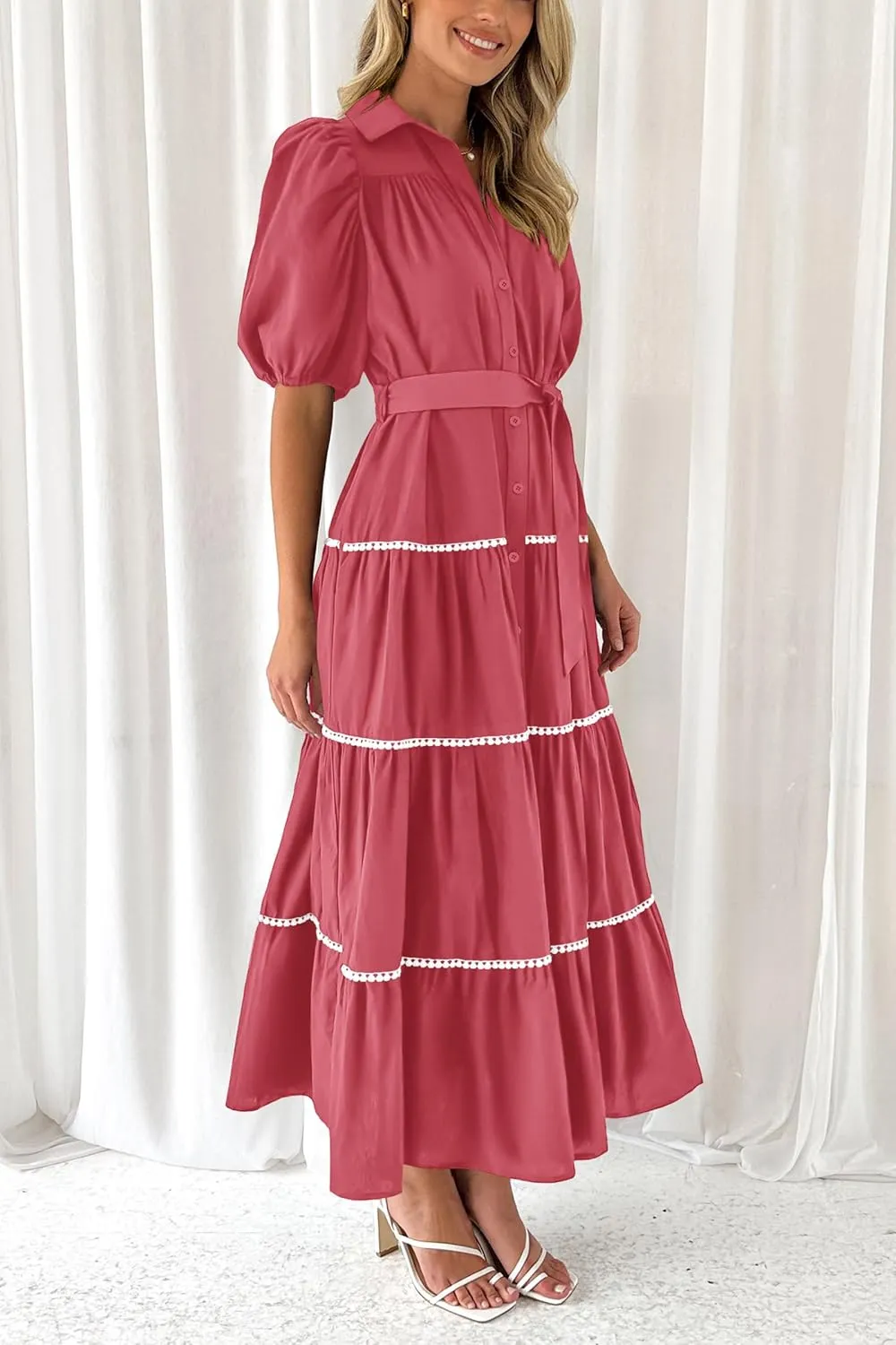 PRETTYGARDEN Women's Summer Button Down Shirt Dress Short Puffy Sleeve Tiered Ruffle Flowy Long Maxi Dresses