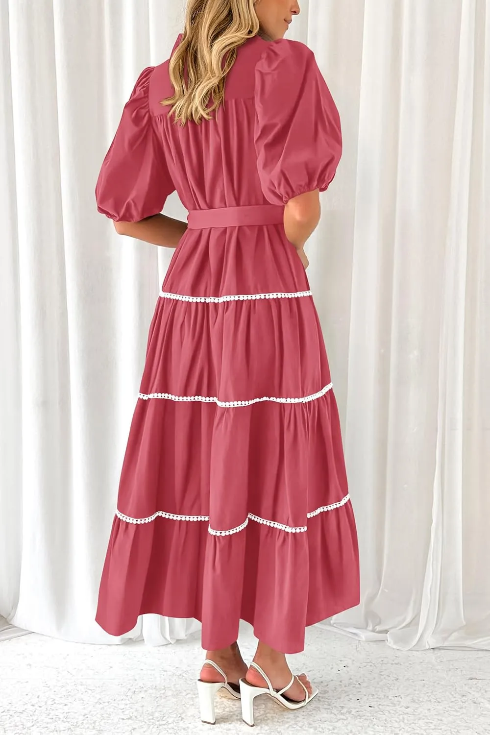 PRETTYGARDEN Women's Summer Button Down Shirt Dress Short Puffy Sleeve Tiered Ruffle Flowy Long Maxi Dresses