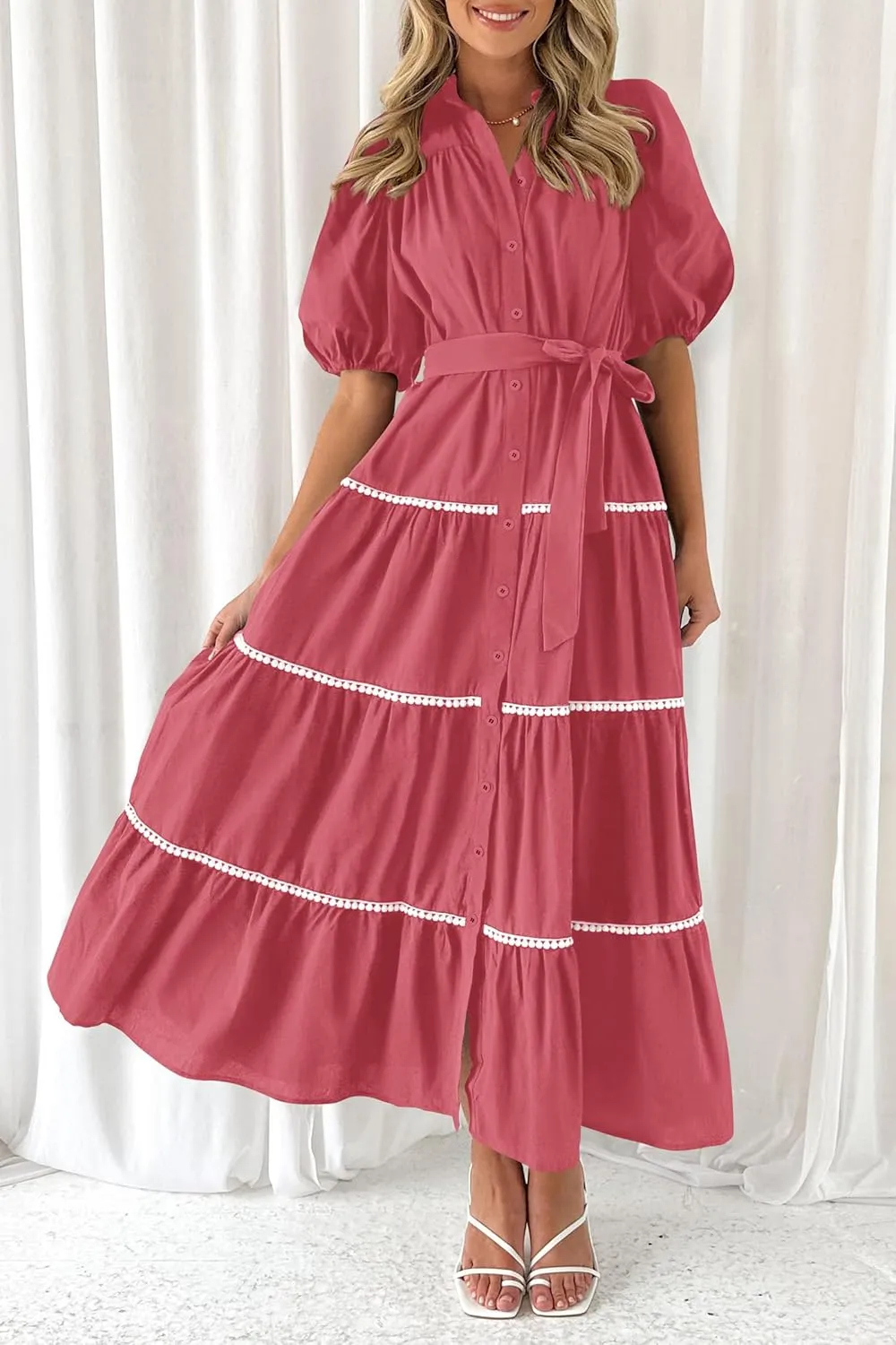 PRETTYGARDEN Women's Summer Button Down Shirt Dress Short Puffy Sleeve Tiered Ruffle Flowy Long Maxi Dresses