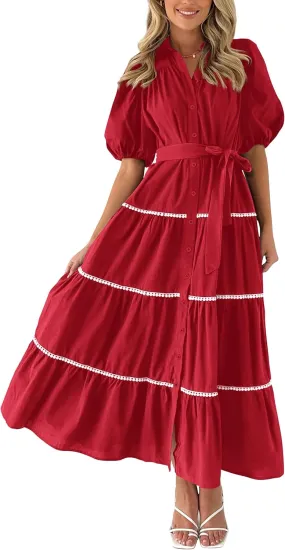 PRETTYGARDEN Women's Summer Button Down Shirt Dress Short Puffy Sleeve Tiered Ruffle Flowy Long Maxi Dresses