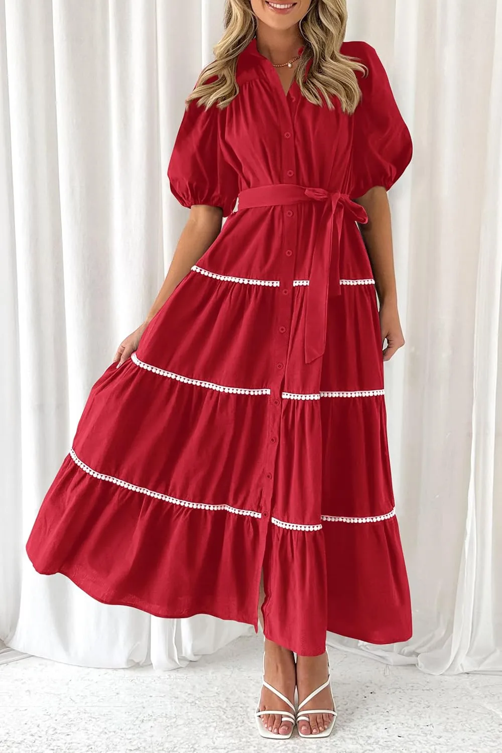 PRETTYGARDEN Women's Summer Button Down Shirt Dress Short Puffy Sleeve Tiered Ruffle Flowy Long Maxi Dresses