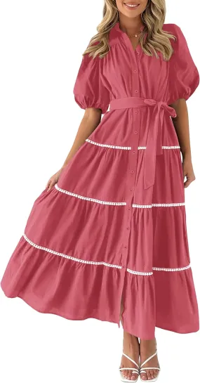 PRETTYGARDEN Women's Summer Button Down Shirt Dress Short Puffy Sleeve Tiered Ruffle Flowy Long Maxi Dresses