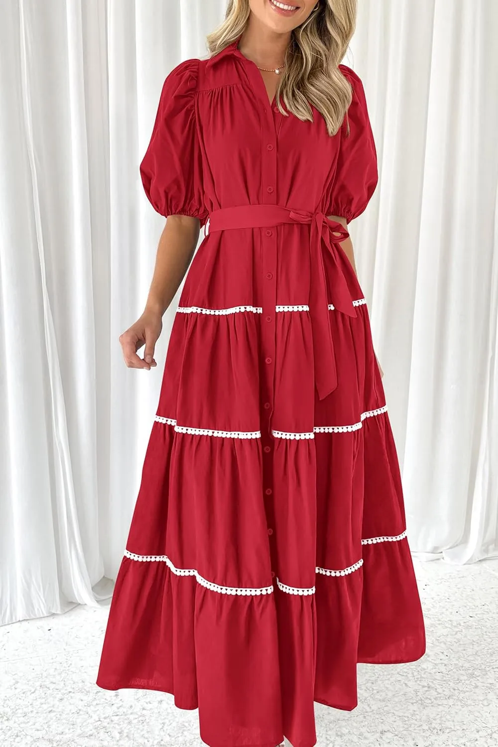 PRETTYGARDEN Women's Summer Button Down Shirt Dress Short Puffy Sleeve Tiered Ruffle Flowy Long Maxi Dresses