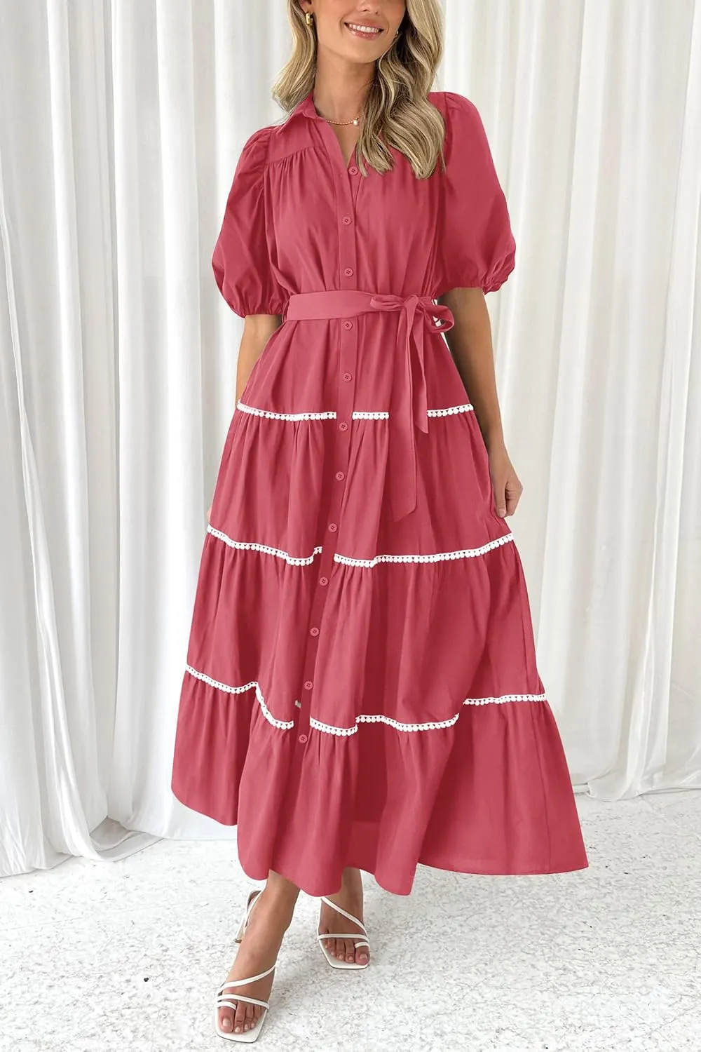 PRETTYGARDEN Women's Summer Button Down Shirt Dress Short Puffy Sleeve Tiered Ruffle Flowy Long Maxi Dresses