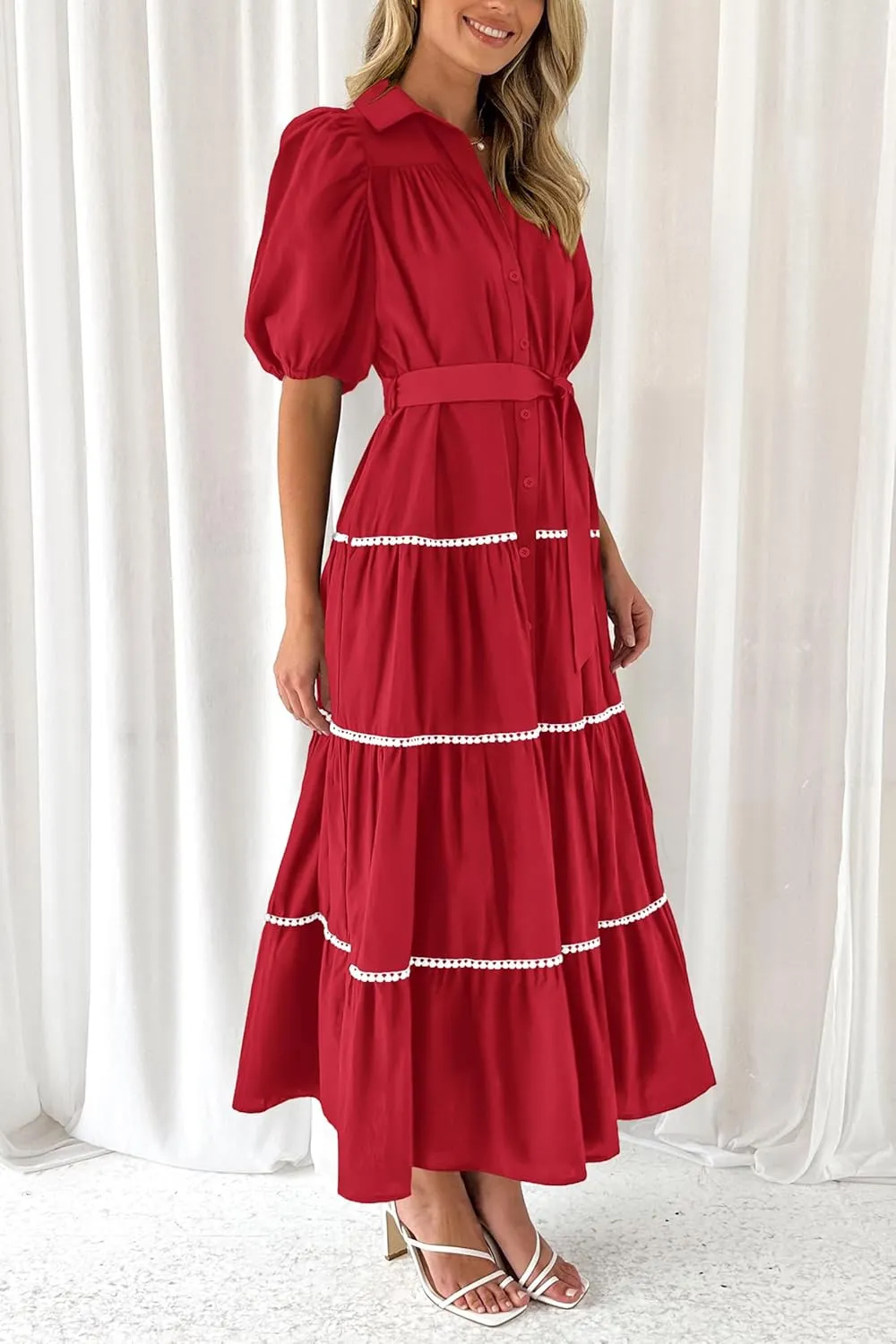 PRETTYGARDEN Women's Summer Button Down Shirt Dress Short Puffy Sleeve Tiered Ruffle Flowy Long Maxi Dresses