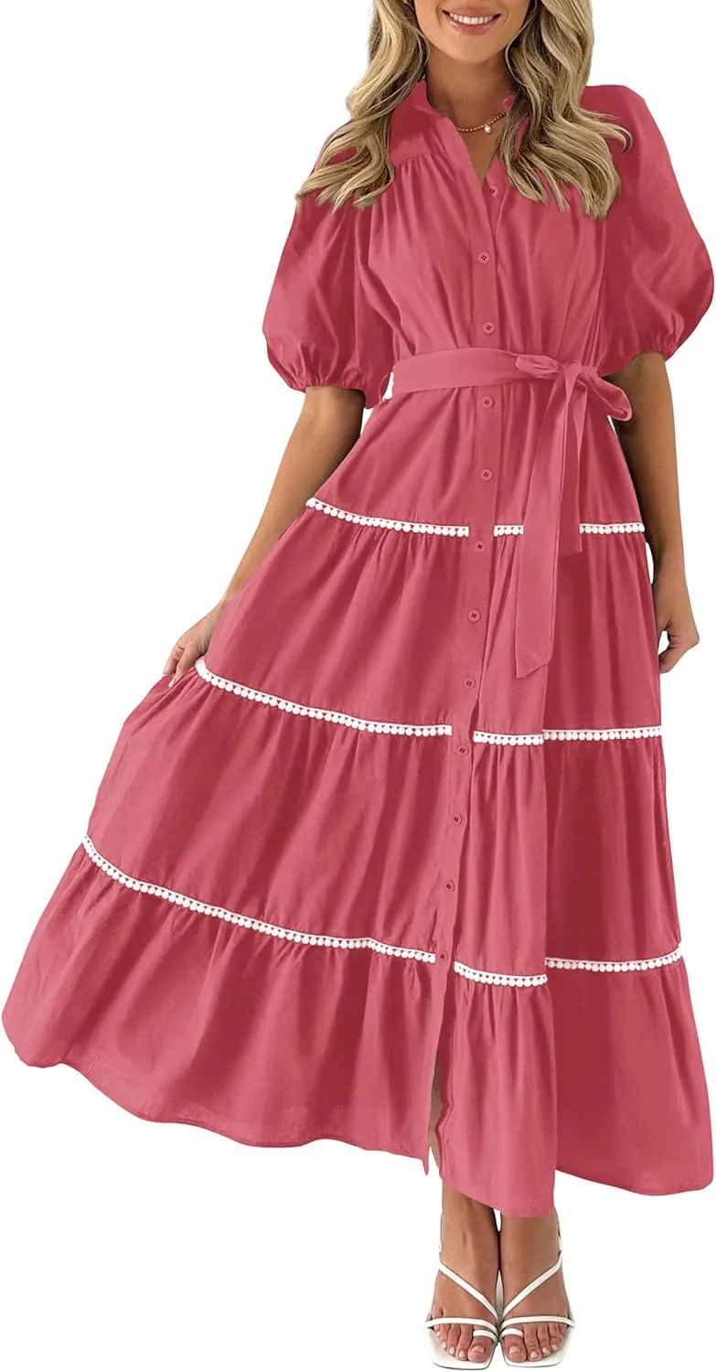 PRETTYGARDEN Women's Summer Button Down Shirt Dress Short Puffy Sleeve Tiered Ruffle Flowy Long Maxi Dresses