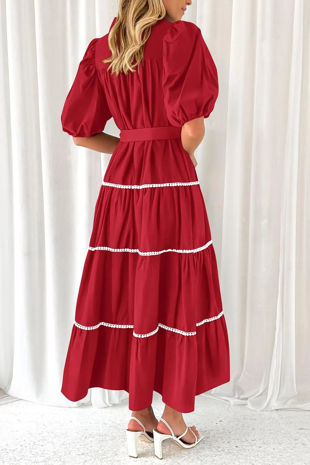 PRETTYGARDEN Women's Summer Button Down Shirt Dress Short Puffy Sleeve Tiered Ruffle Flowy Long Maxi Dresses