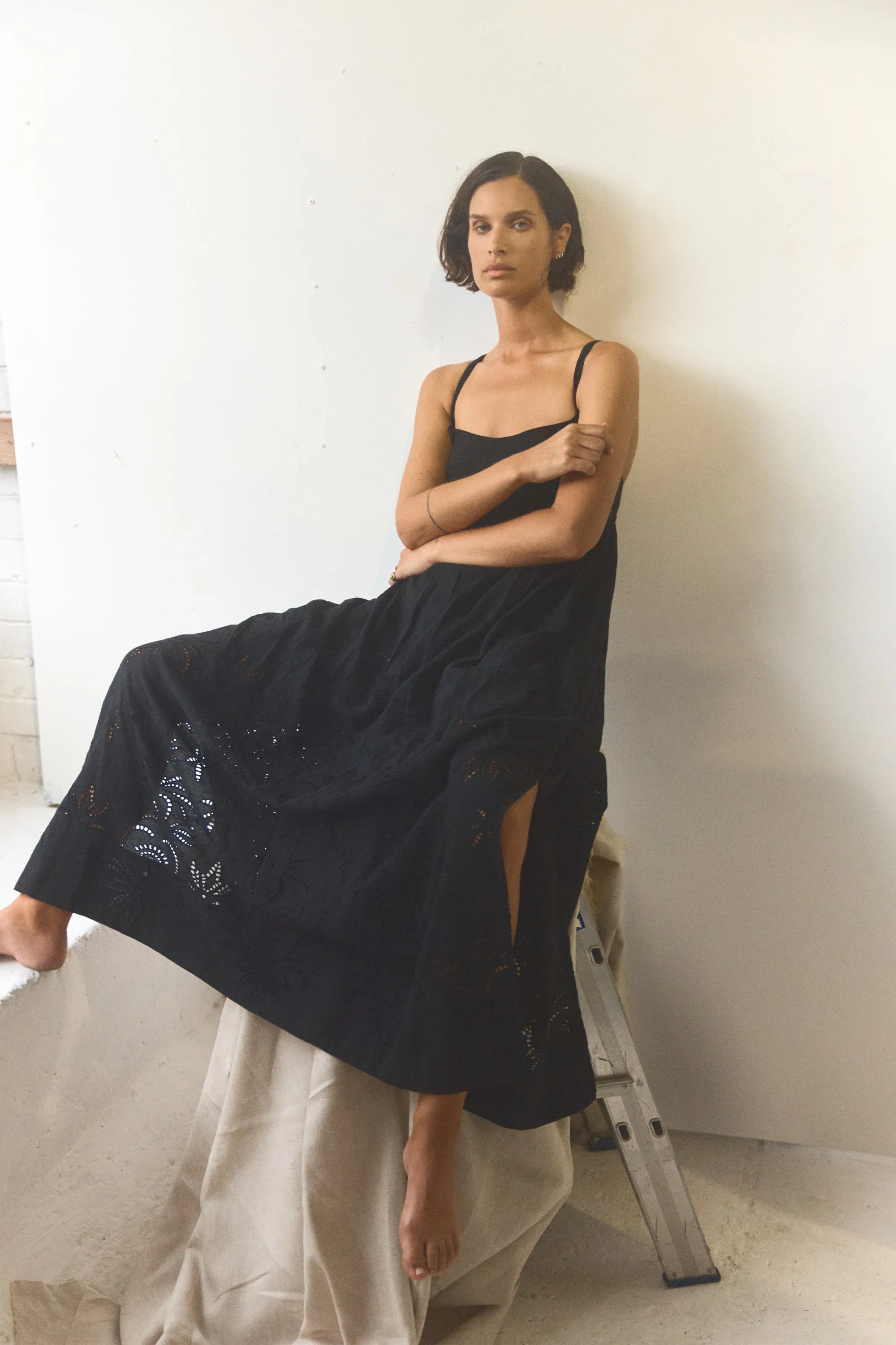 Raven Black Eyelet Linen Dress