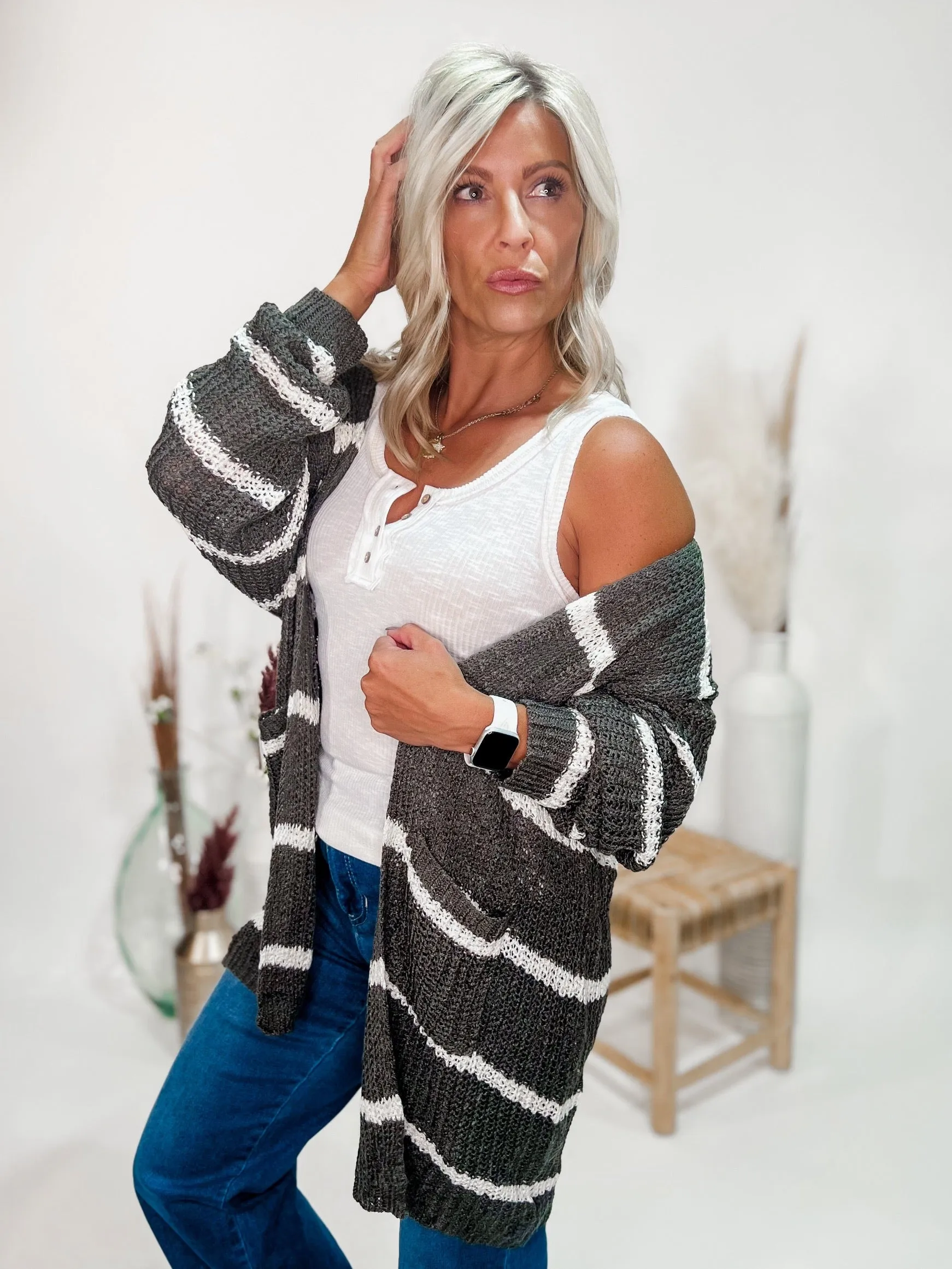 Sky Lit Night Stripe Knit Cardigan, Charcoal/Ivory
