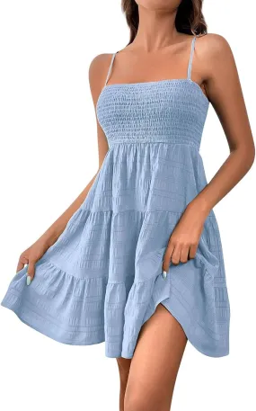 Smocked Tiered Ruffle Sleeveless Women Dinner Dress Spaghetti Strap A-Line Flowy Short Skirt Casual Cute Sundress