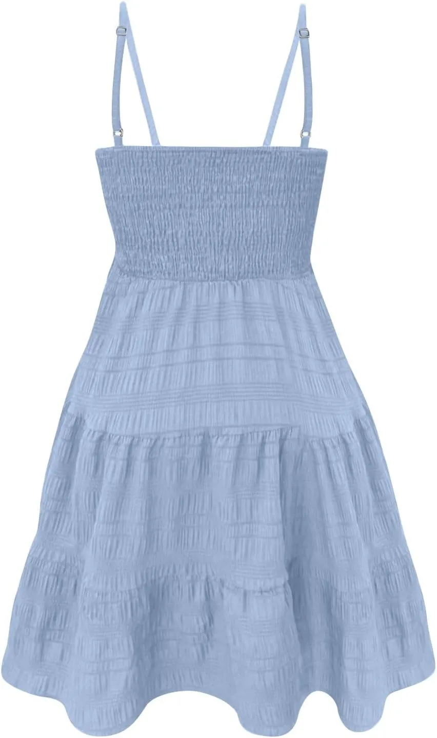 Smocked Tiered Ruffle Sleeveless Women Dinner Dress Spaghetti Strap A-Line Flowy Short Skirt Casual Cute Sundress