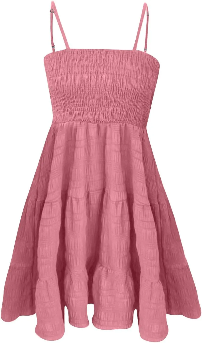 Smocked Tiered Ruffle Sleeveless Women Dinner Dress Spaghetti Strap A-Line Flowy Short Skirt Casual Cute Sundress