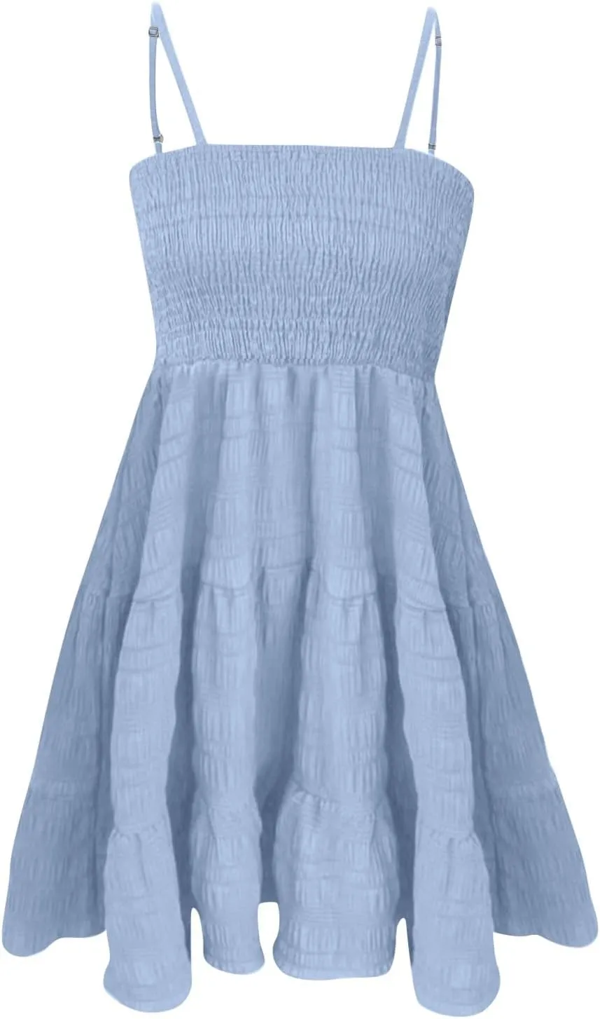 Smocked Tiered Ruffle Sleeveless Women Dinner Dress Spaghetti Strap A-Line Flowy Short Skirt Casual Cute Sundress