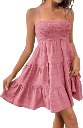 Smocked Tiered Ruffle Sleeveless Women Dinner Dress Spaghetti Strap A-Line Flowy Short Skirt Casual Cute Sundress