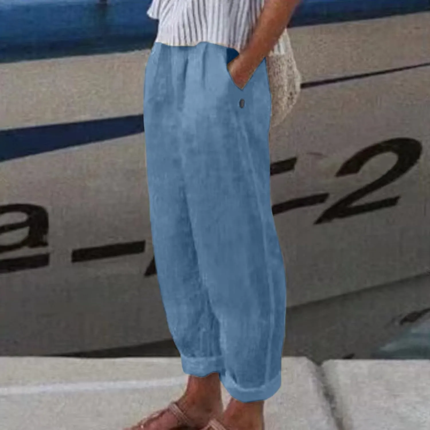 Striped Linen Pants Women Summer Crop Causal Pants Button Side Elastic Waist Straight Leg Pants with Pockets Beach Trousers