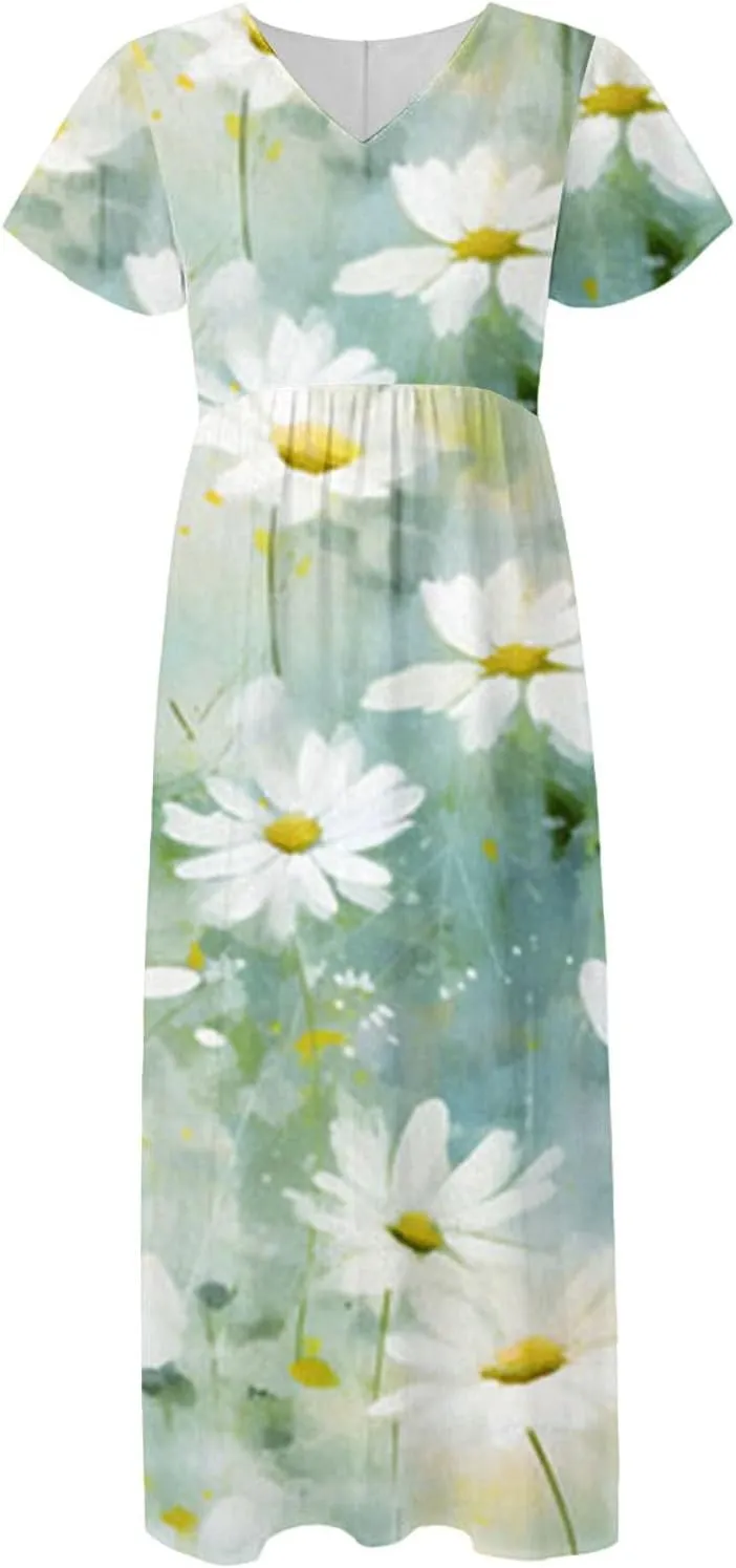 Summer Dress for Women Short Sleeve V-Neck Boho Floral Printed Flowy Swing Sundress Wedding Guest Dresses Long Dress