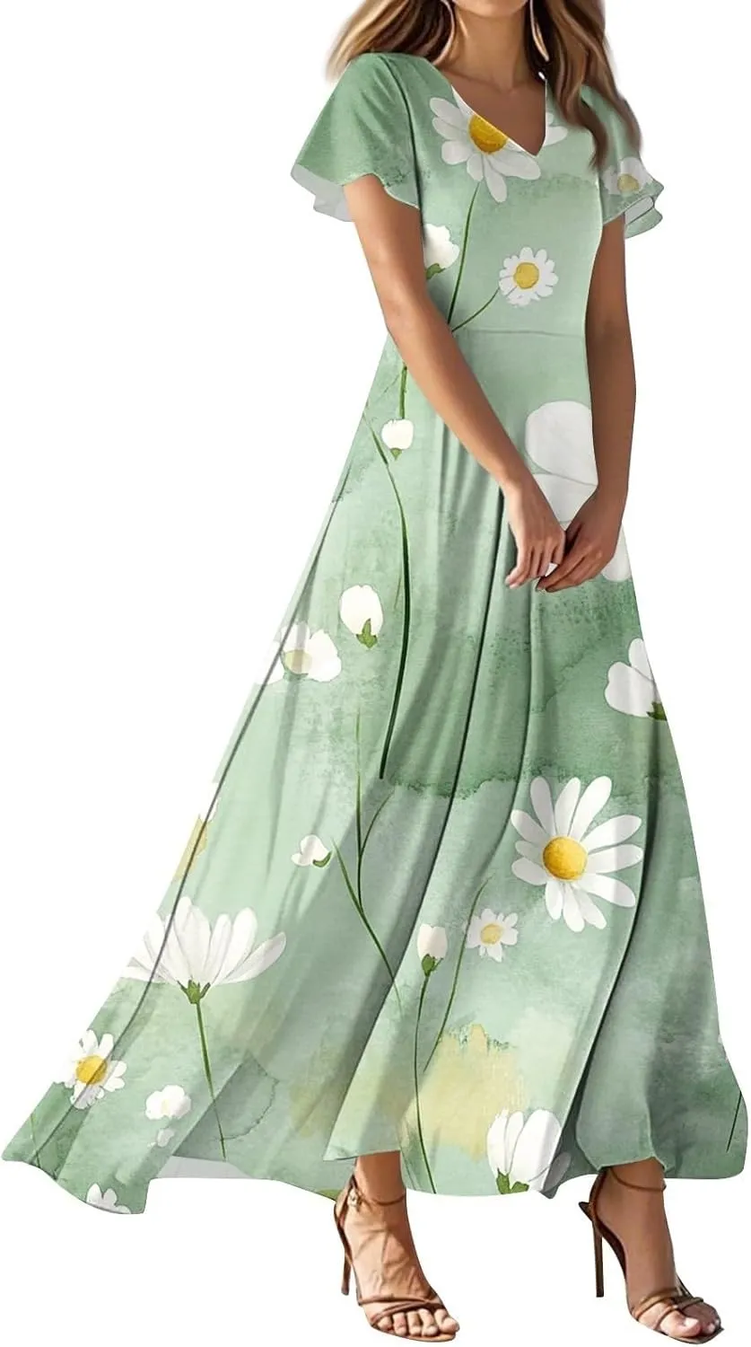 Summer Dress for Women Short Sleeve V-Neck Boho Floral Printed Flowy Swing Sundress Wedding Guest Dresses Long Dress
