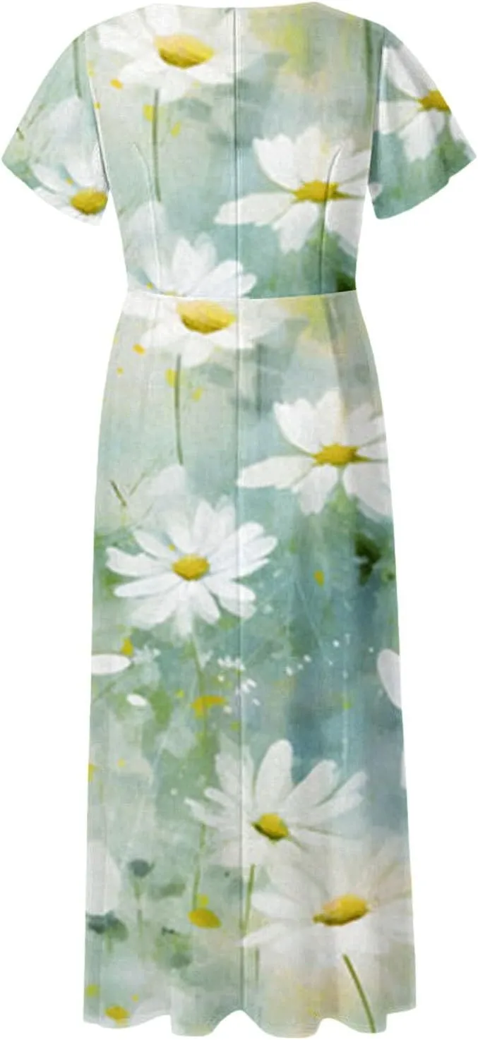 Summer Dress for Women Short Sleeve V-Neck Boho Floral Printed Flowy Swing Sundress Wedding Guest Dresses Long Dress