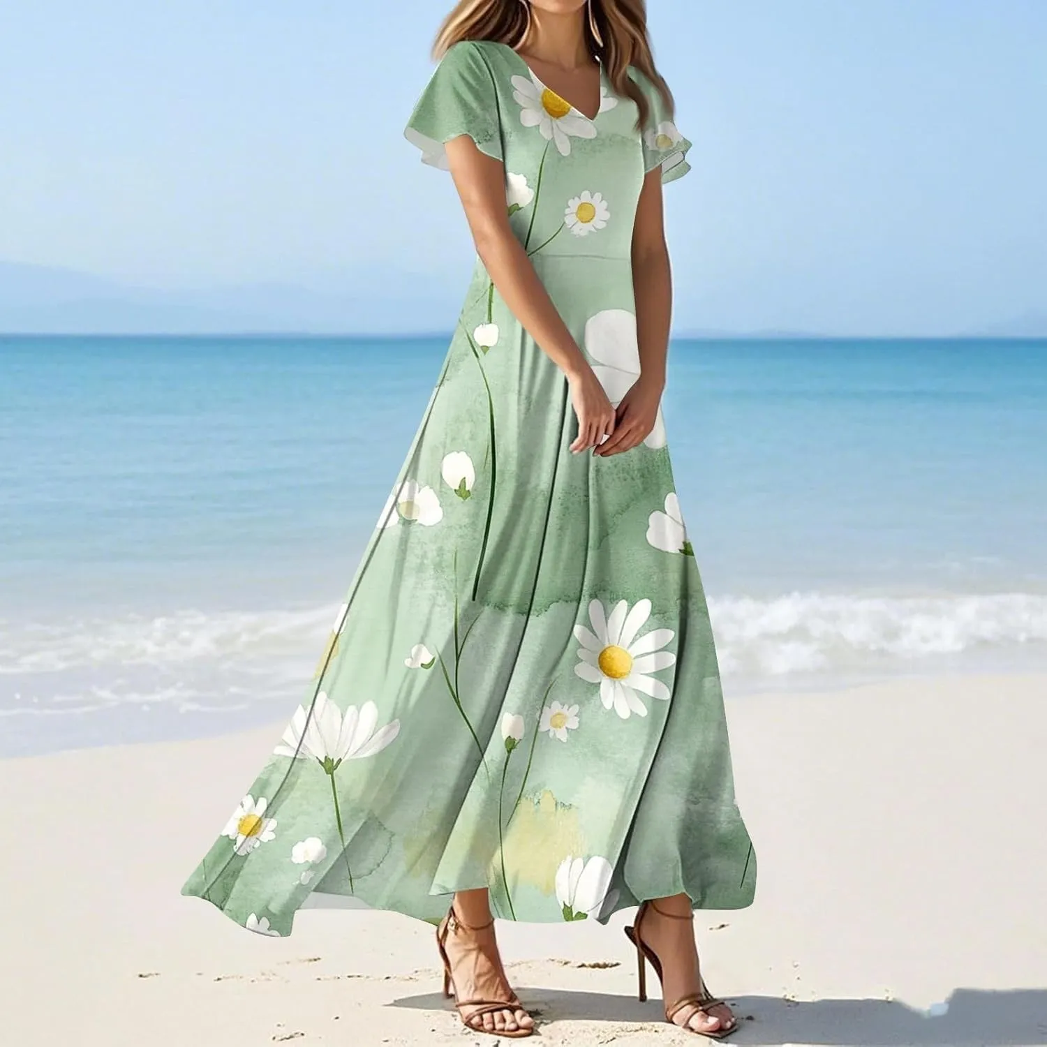 Summer Dress for Women Short Sleeve V-Neck Boho Floral Printed Flowy Swing Sundress Wedding Guest Dresses Long Dress