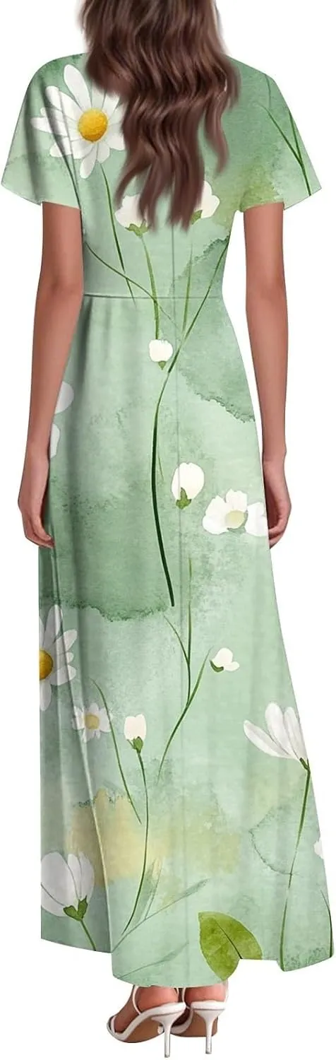 Summer Dress for Women Short Sleeve V-Neck Boho Floral Printed Flowy Swing Sundress Wedding Guest Dresses Long Dress