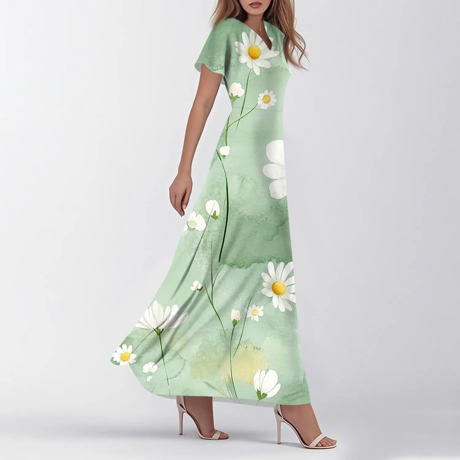 Summer Dress for Women Short Sleeve V-Neck Boho Floral Printed Flowy Swing Sundress Wedding Guest Dresses Long Dress