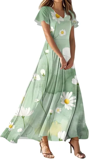 Summer Dress for Women Short Sleeve V-Neck Boho Floral Printed Flowy Swing Sundress Wedding Guest Dresses Long Dress