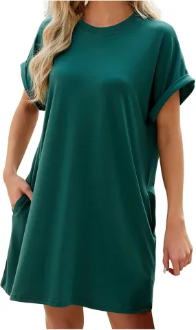 Summer Dresses for Women Casual Crewneck Short Sleeve T-Shirts Dress Beach Loose Fit Mini Sundress with Pockets