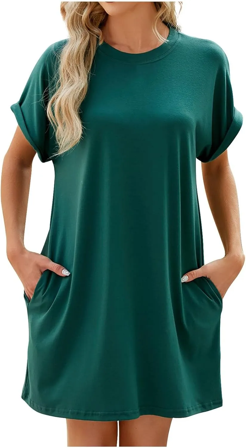 Summer Dresses for Women Casual Crewneck Short Sleeve T-Shirts Dress Beach Loose Fit Mini Sundress with Pockets
