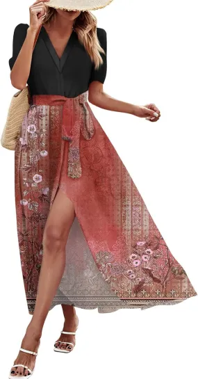 Summer Dresses for Women Short Sleeve Flowy Dress V Neck Elegant Maxi Dress with Belt Split Long Dresses