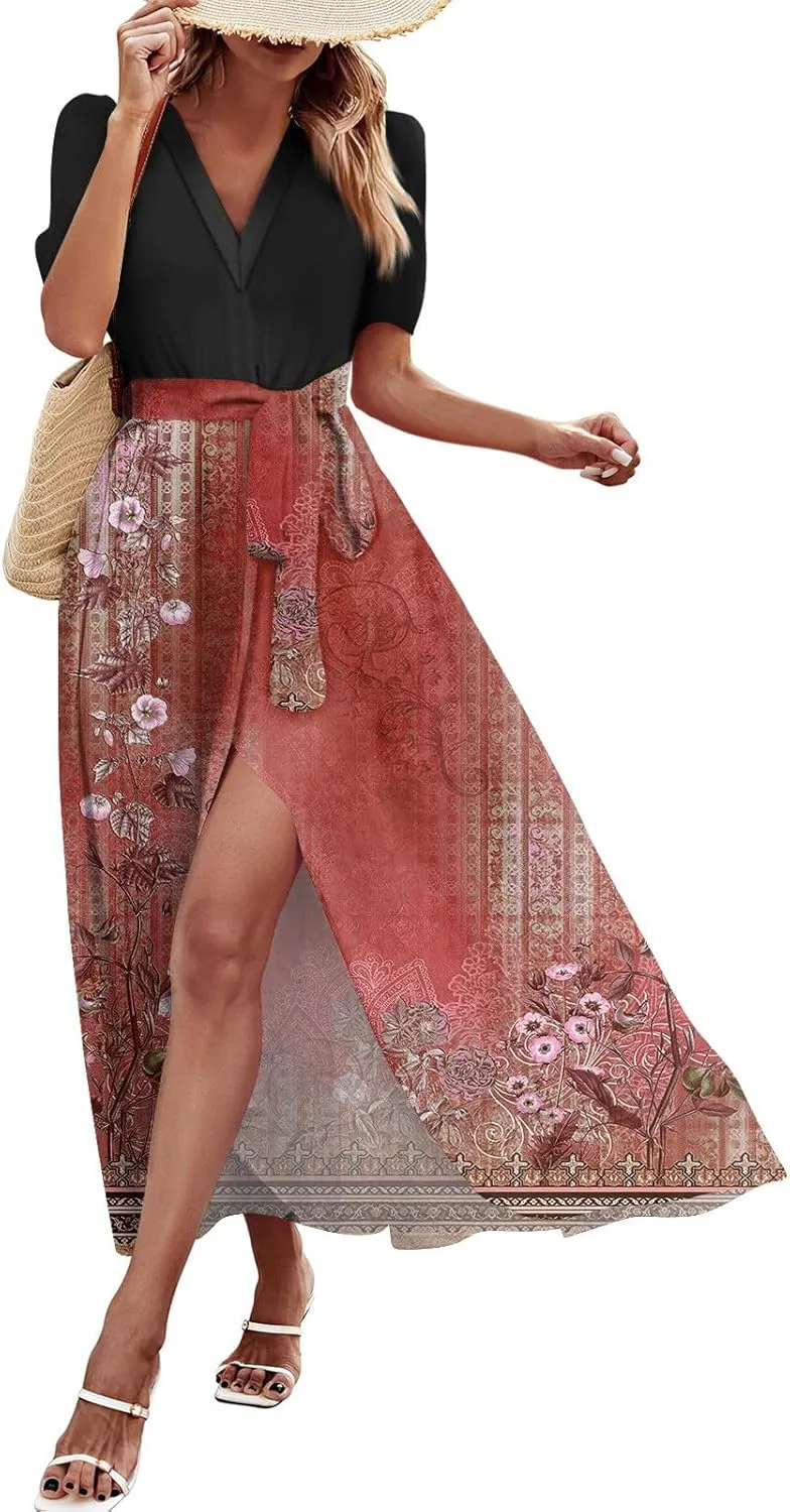 Summer Dresses for Women Short Sleeve Flowy Dress V Neck Elegant Maxi Dress with Belt Split Long Dresses