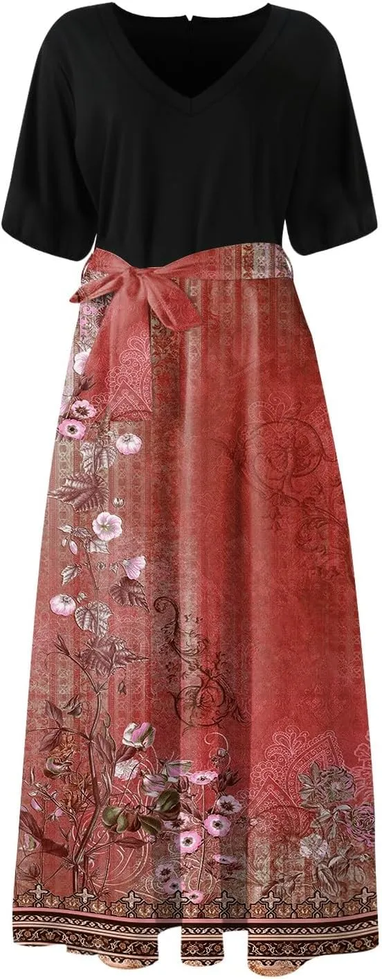 Summer Dresses for Women Short Sleeve Flowy Dress V Neck Elegant Maxi Dress with Belt Split Long Dresses