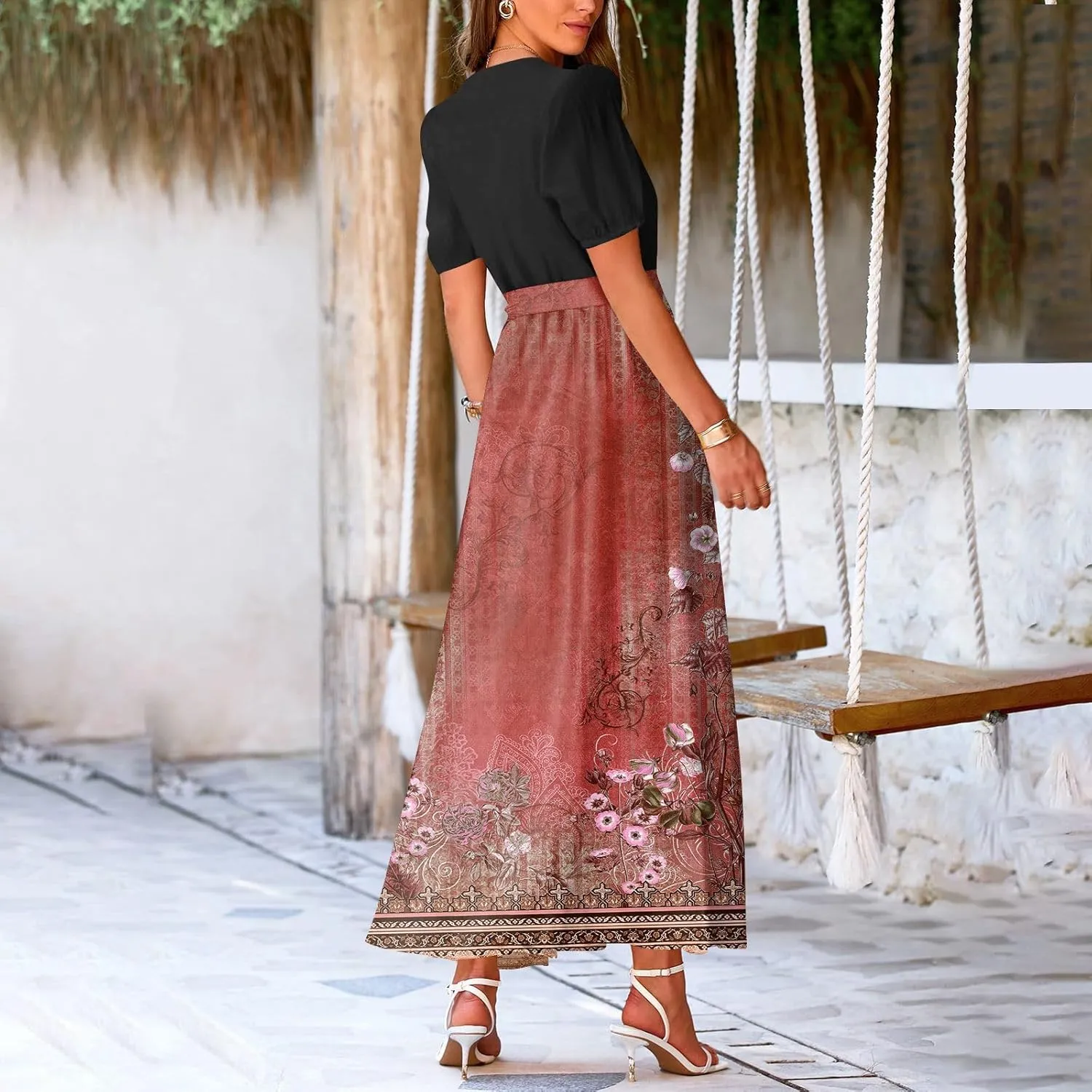 Summer Dresses for Women Short Sleeve Flowy Dress V Neck Elegant Maxi Dress with Belt Split Long Dresses