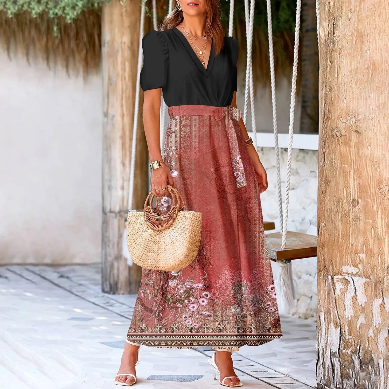 Summer Dresses for Women Short Sleeve Flowy Dress V Neck Elegant Maxi Dress with Belt Split Long Dresses