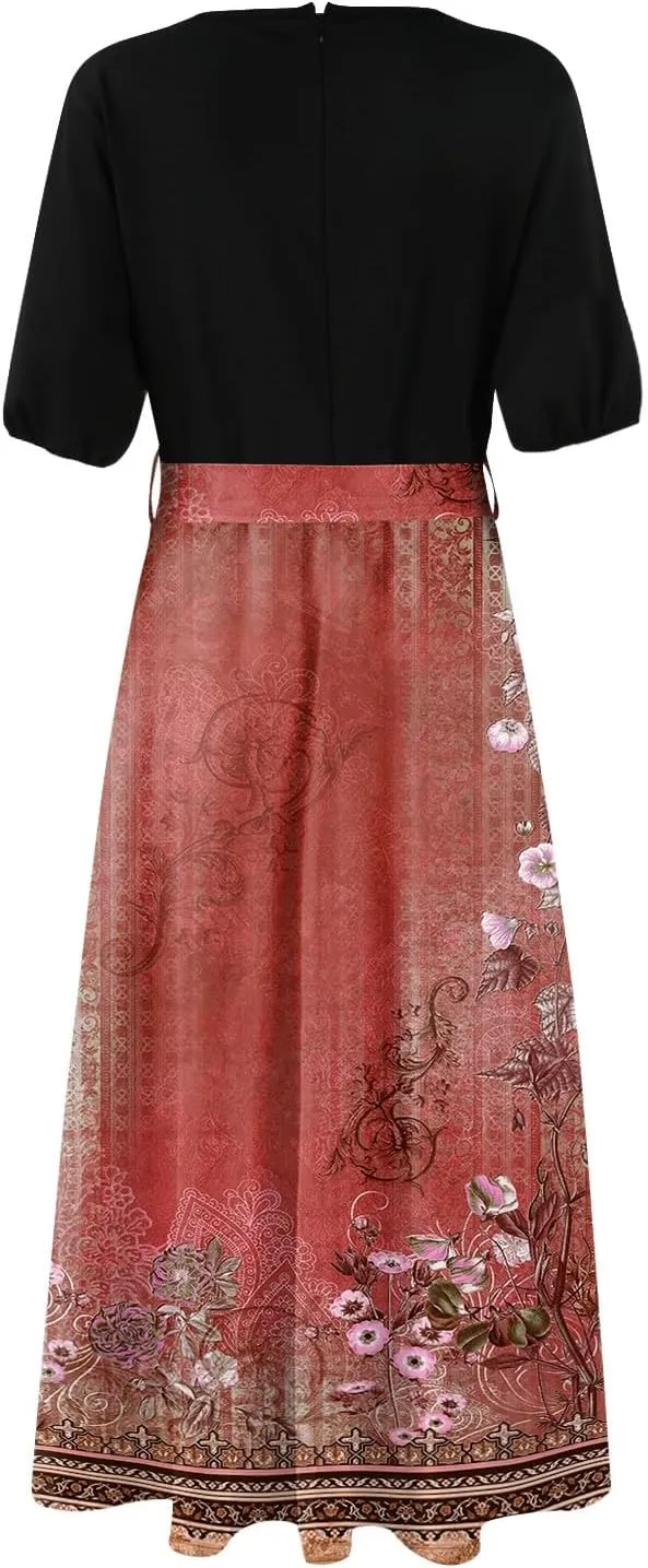 Summer Dresses for Women Short Sleeve Flowy Dress V Neck Elegant Maxi Dress with Belt Split Long Dresses